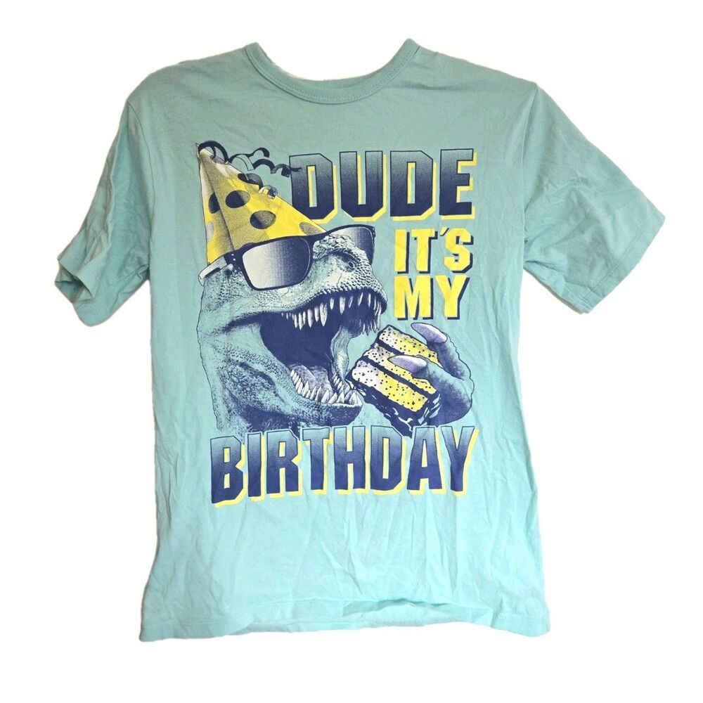 Childrens Place "DUDE Its My Birthday" T Shirt Top Blue Dinosaur Boys Size XL 14